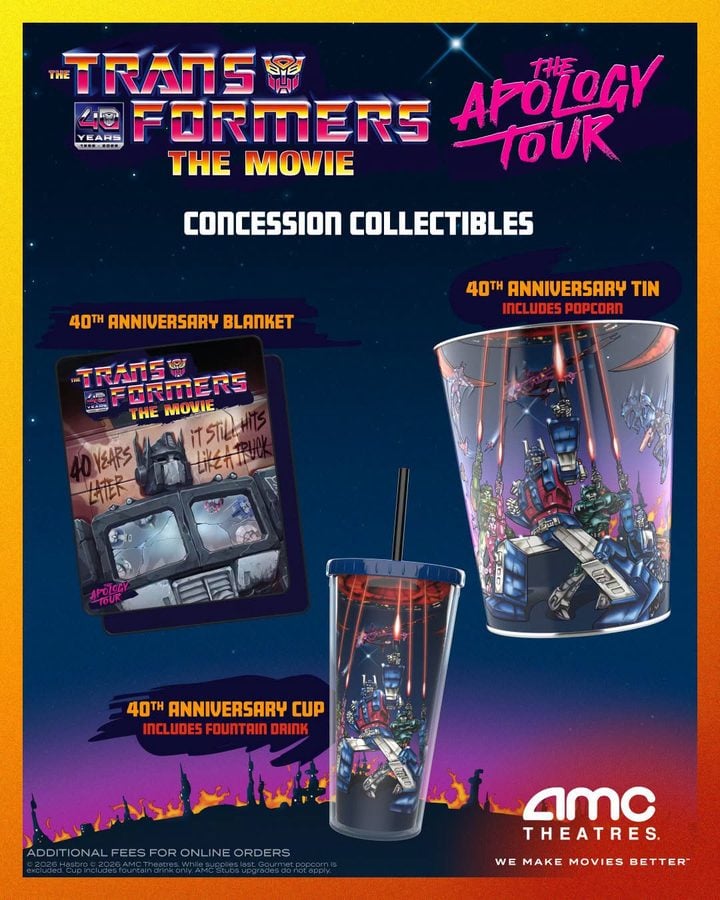 Poster advertising The Transformers The Movie 40th Anniversary concession collectiblesanniversary blanket popcorn tin and cup with straw all featuring Transformers art AMC Theatres logo