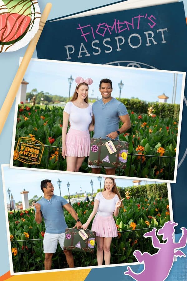 Couple posing with a vintage suitcase in a bright flower garden part of a travel themed collage