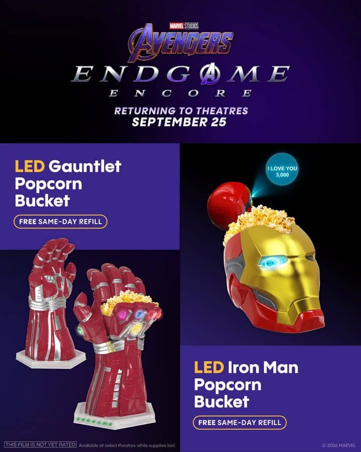 Collage advertisement featuring Avengers Endgame branding on a purple background with a purple panel listing LED Gauntlet Popcorn Bucket and images of a red Iron Man gauntlet and popcorn imagery