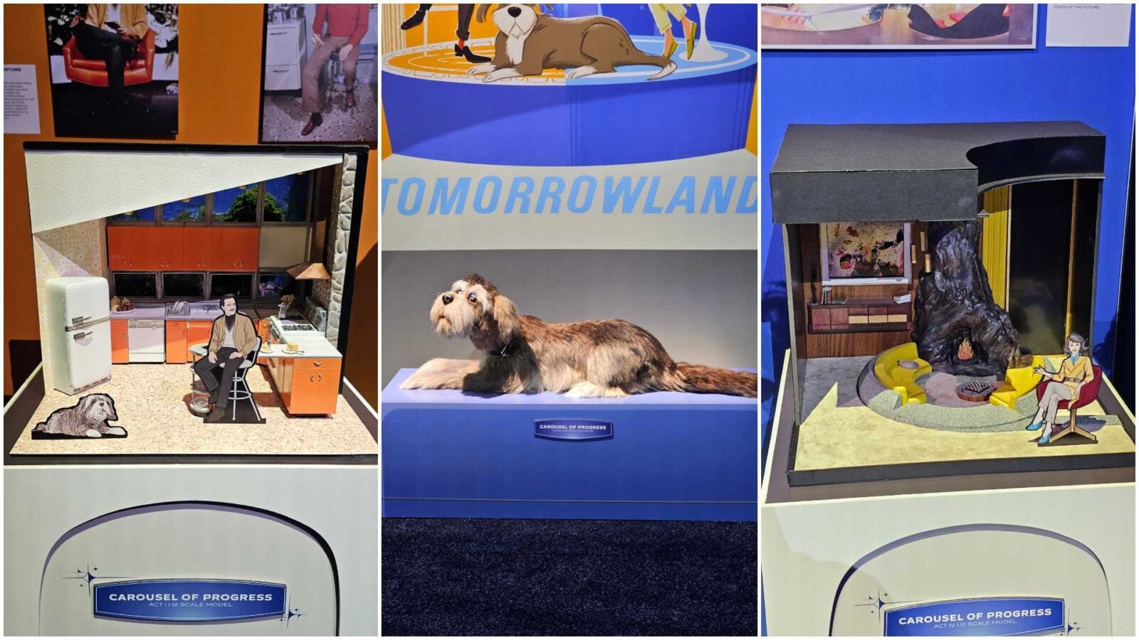 Three panel Carousel of Progress diorama left shows a retro kitchen with a dog center features a small dog on a blue platform under TOMORROWLAND right depicts a living room with yellow seating and a rock sculpture
