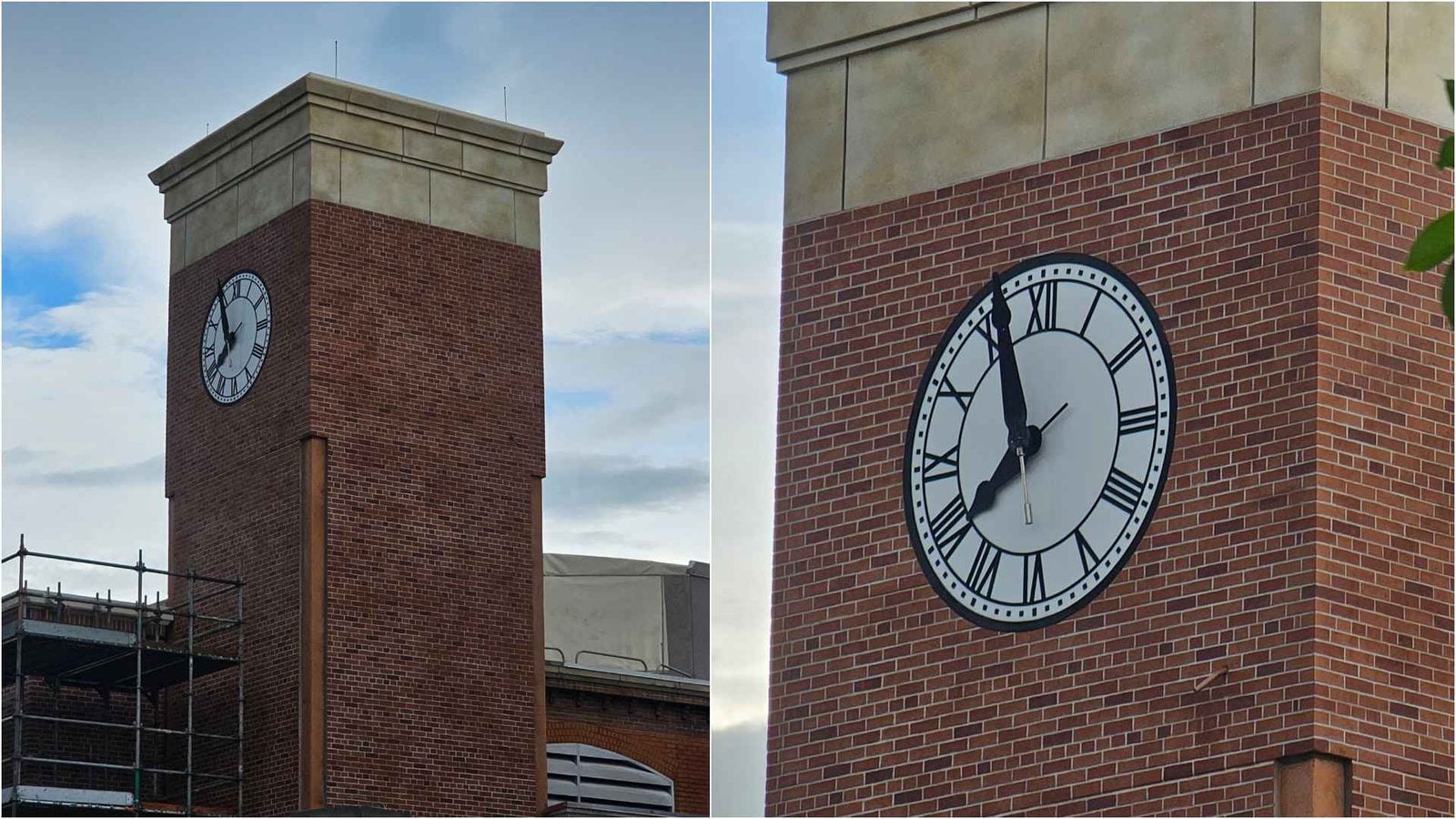 Brick clock tower on a red brick building Roman numeral clock face visible with scaffolding at the base two angle view