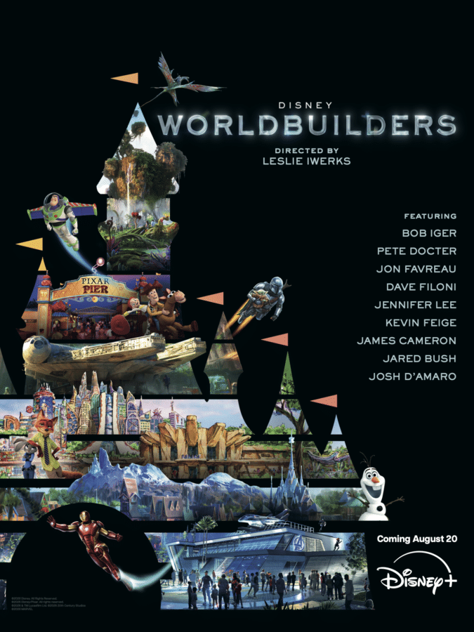 Poster for Disney+ WorldBuilders featuring a collage of Disney and Pixar worlds forming a pyramid with Disney WorldBuilders title and a list of cast and creators on the right side