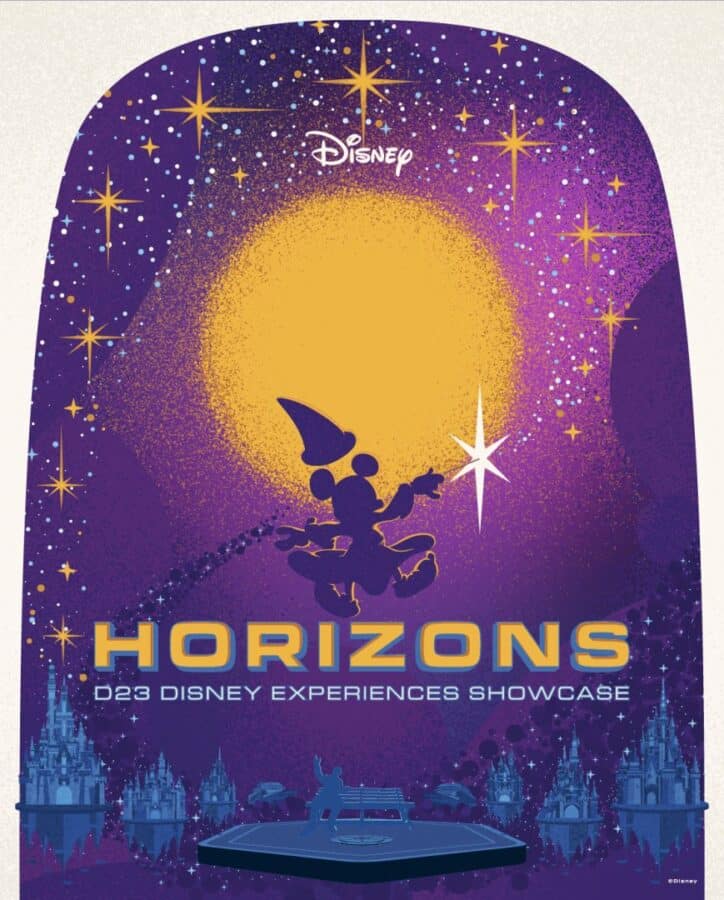 Horizons D23 Disney Experiences Showcase poster with Sorcerer Mickey reaching toward a bright star in a purple starry sky and castle silhouettes on a curved banner backdrop