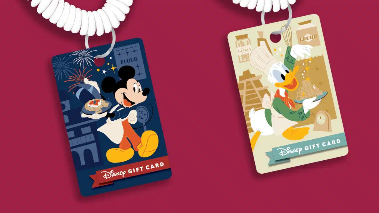 DGCS2026EPCOTFandWWeb40x17RoastedRedPepper16x9 Fantasy Land News Two Disney gift cards on a red background featuring Mickey Mouse on the left and Donald Duck on the right connected to white coiled lanyards