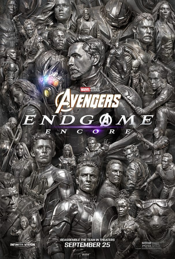 Poster for Marvels Avengers Endgame in grayscale a collage of heroes with the Avengers logo and Endgame title across the center