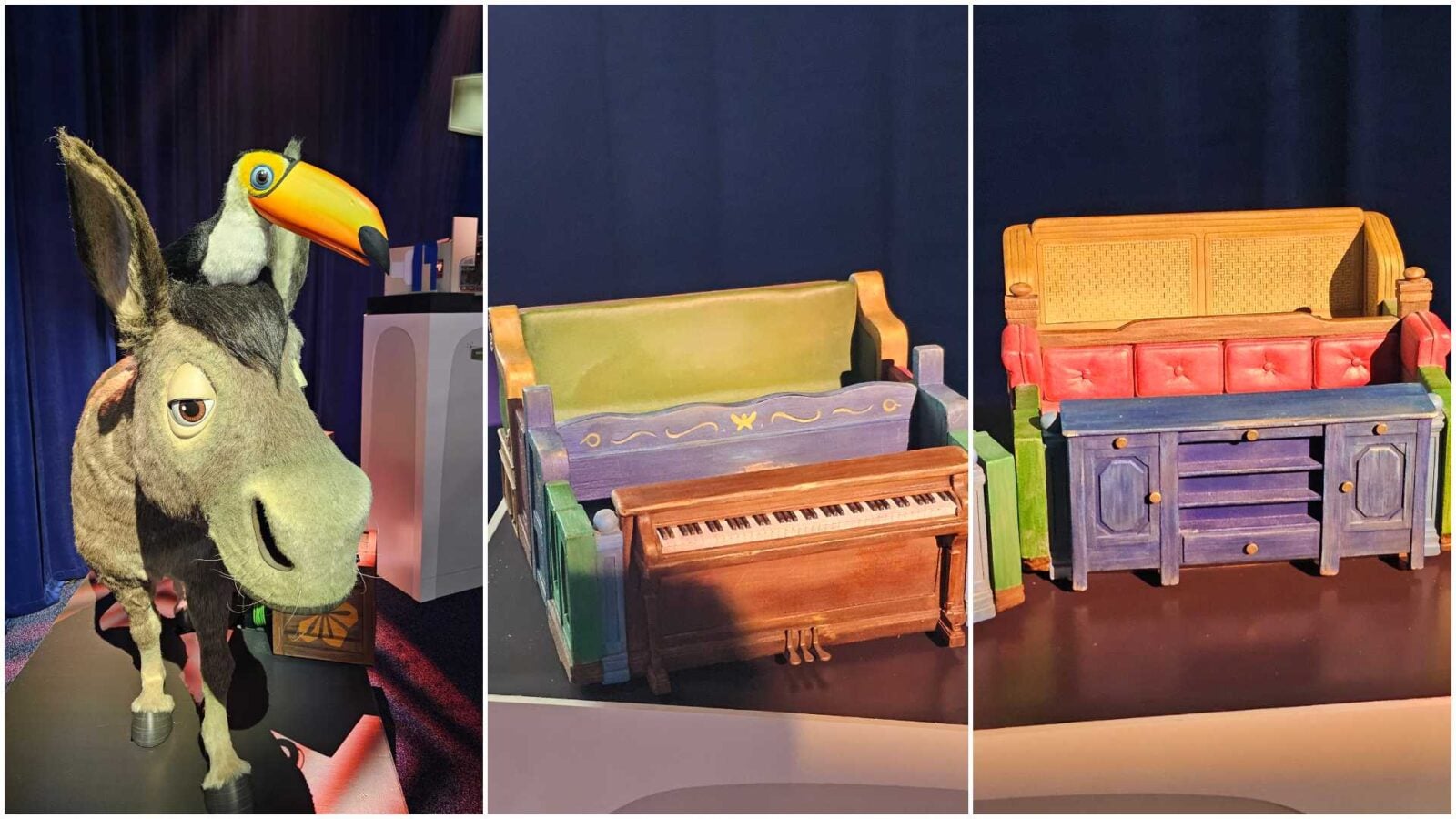Left panel shows a puppet donkey with a large orange toucan beak perched on its head set on a stage Middle panel features a colorful painted wooden bench and toy piano Right panel displays a bright multi colored wooden couch and cabinet against a dark backdrop