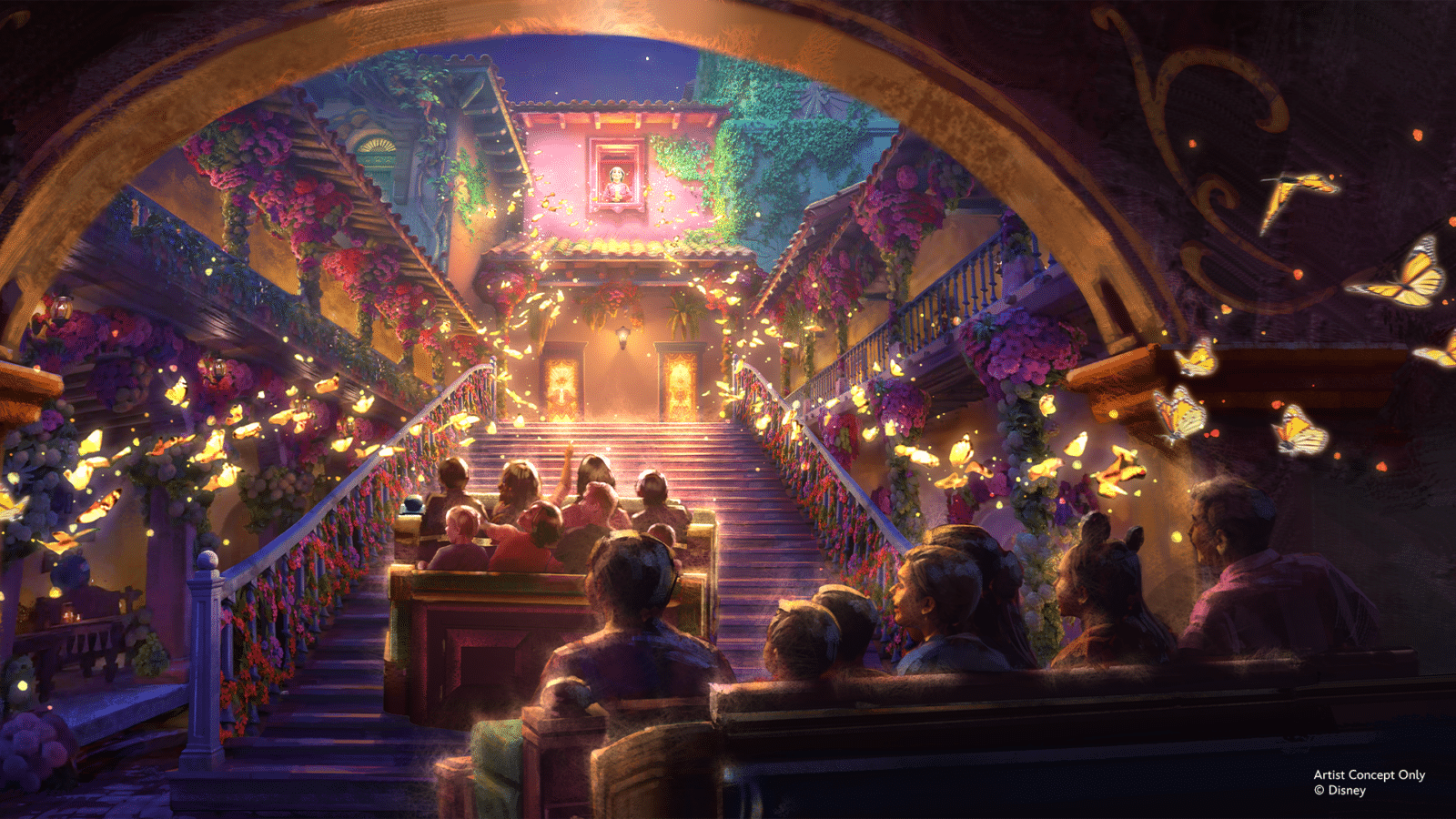A grand theater like interior with guests riding a moving tram up a flower covered staircase glowing lanterns and butterflies fluttering around a bright central doorway at night