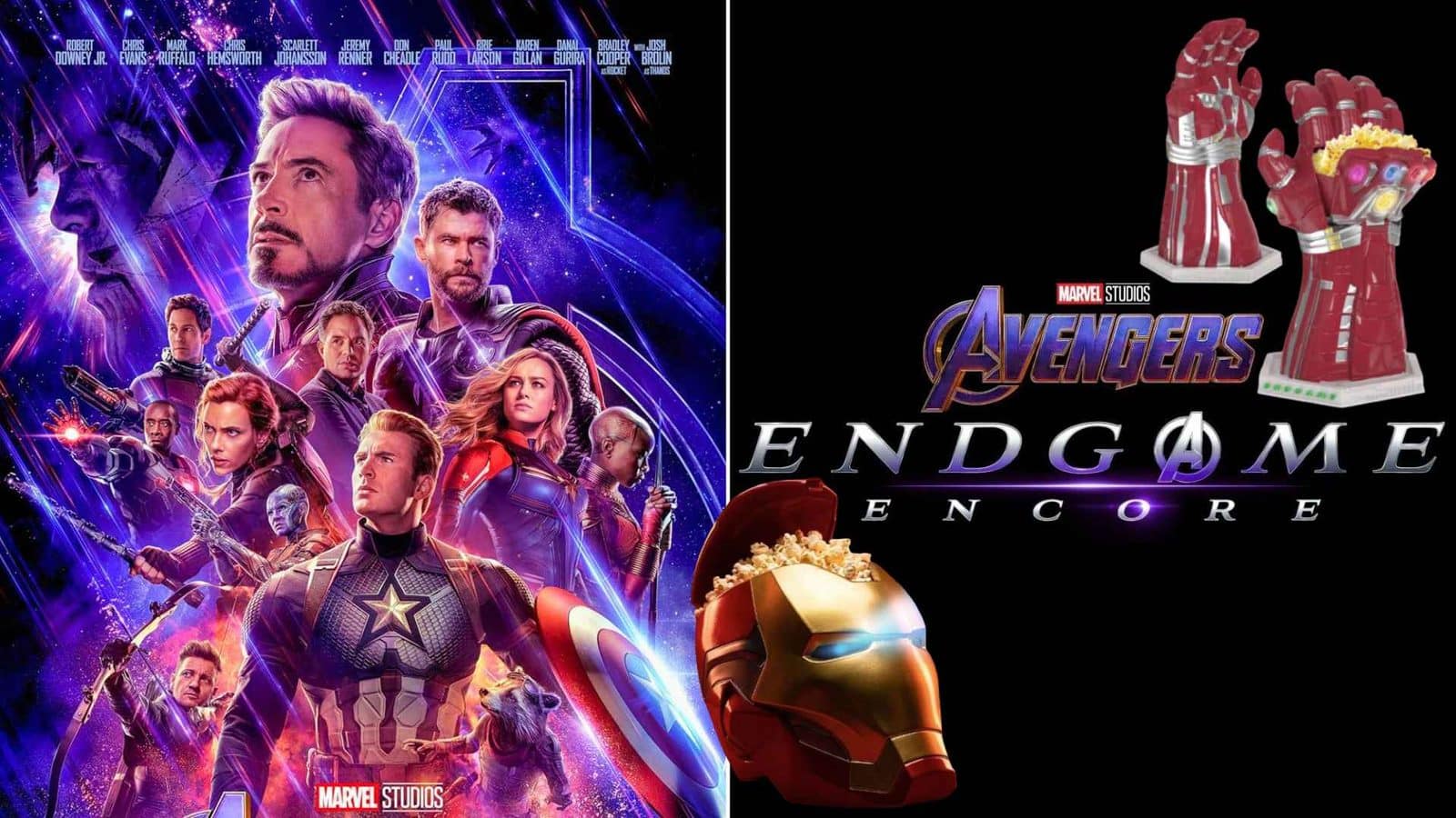 Split poster showing Avengers Endgame on the left with a purple blue heroes collage right side features a black background with the Avengers Endgame logo and red Iron Man glove statues