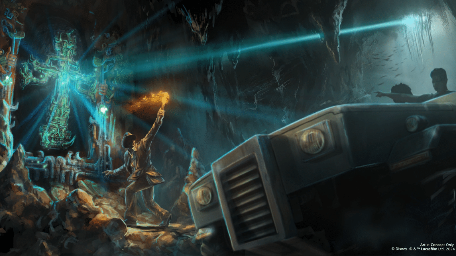 Adventurers in a cave confront glowing turquoise Aztec carvings as a man raises a torch near a dusty vehicle in the foreground