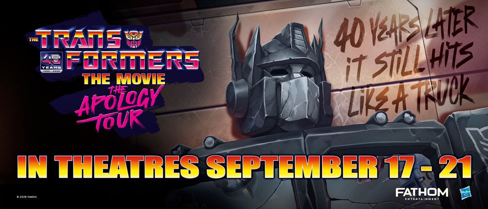 Promotional poster for Transformers The Movie with a robotic head on the right and a bold In Theatres September 17 21 banner at the bottom