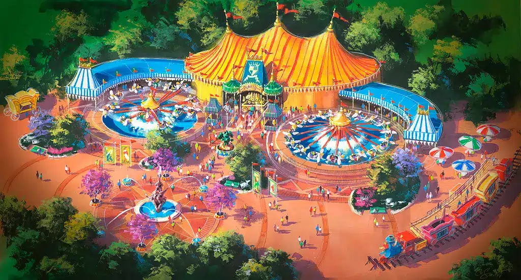 Colorful amusement park from above featuring a large striped tent two circular rides trees and visitors