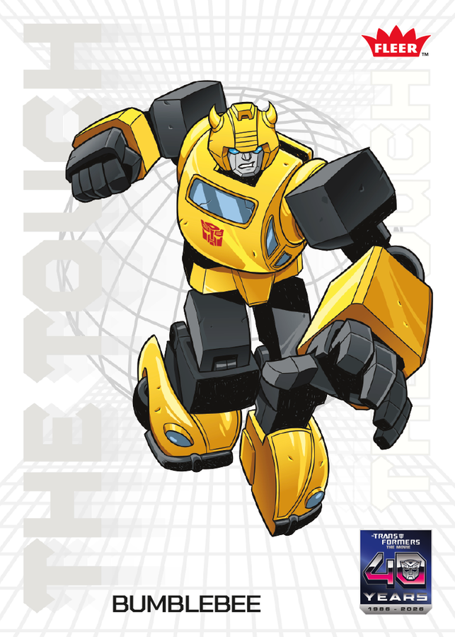 Bumblebee a yellow Autobot Transformer in an action pose on a branded card background in gray and white grid patterns