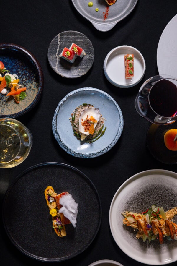 Overhead view of several small plated dishes on a dark table featuring sushi pieces a white rectangular tartare style dish a blue plate with greens and a glass of red wine nearby