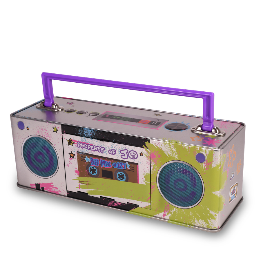 Colorful retro boombox with a purple handle and paint splatter design
