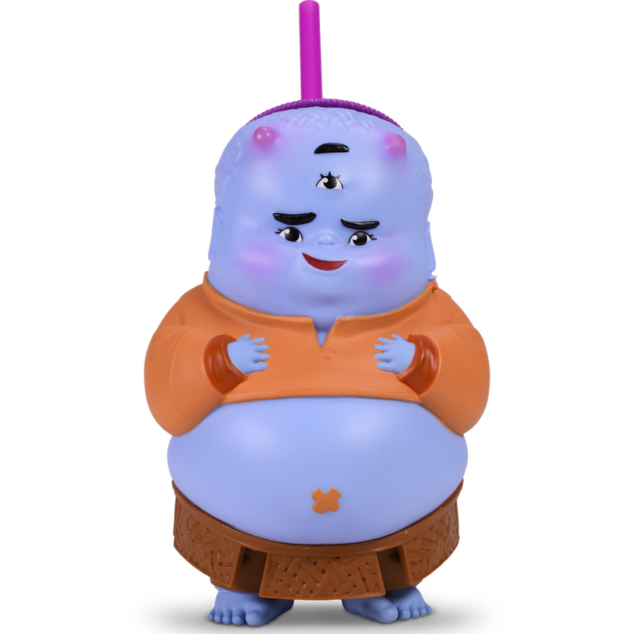 Blue cartoon alien figure with three eyes pink cheeks and a purple head wearing an orange outfit with a woven brown belt standing with visible blue feet
