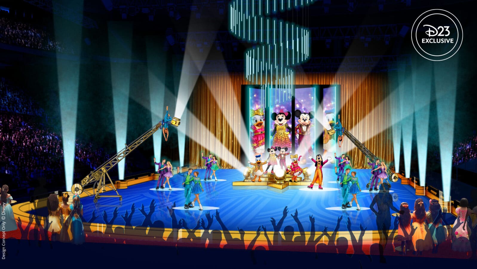 Colorful stage performance with Disney characters on a glowing blue arena bright spotlights and cheering audience silhouettes in attendance