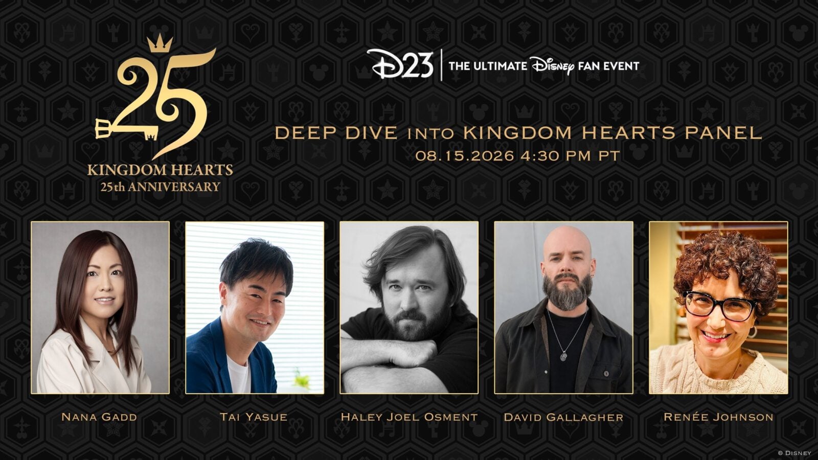 Banner for D23 Disney 25th anniversary Deep Dive into Kingdom Hearts panel with headshots of five speakers Nana Gadd Tai Yasue Haley Joel Osment David Gallagher Renée Johnson
