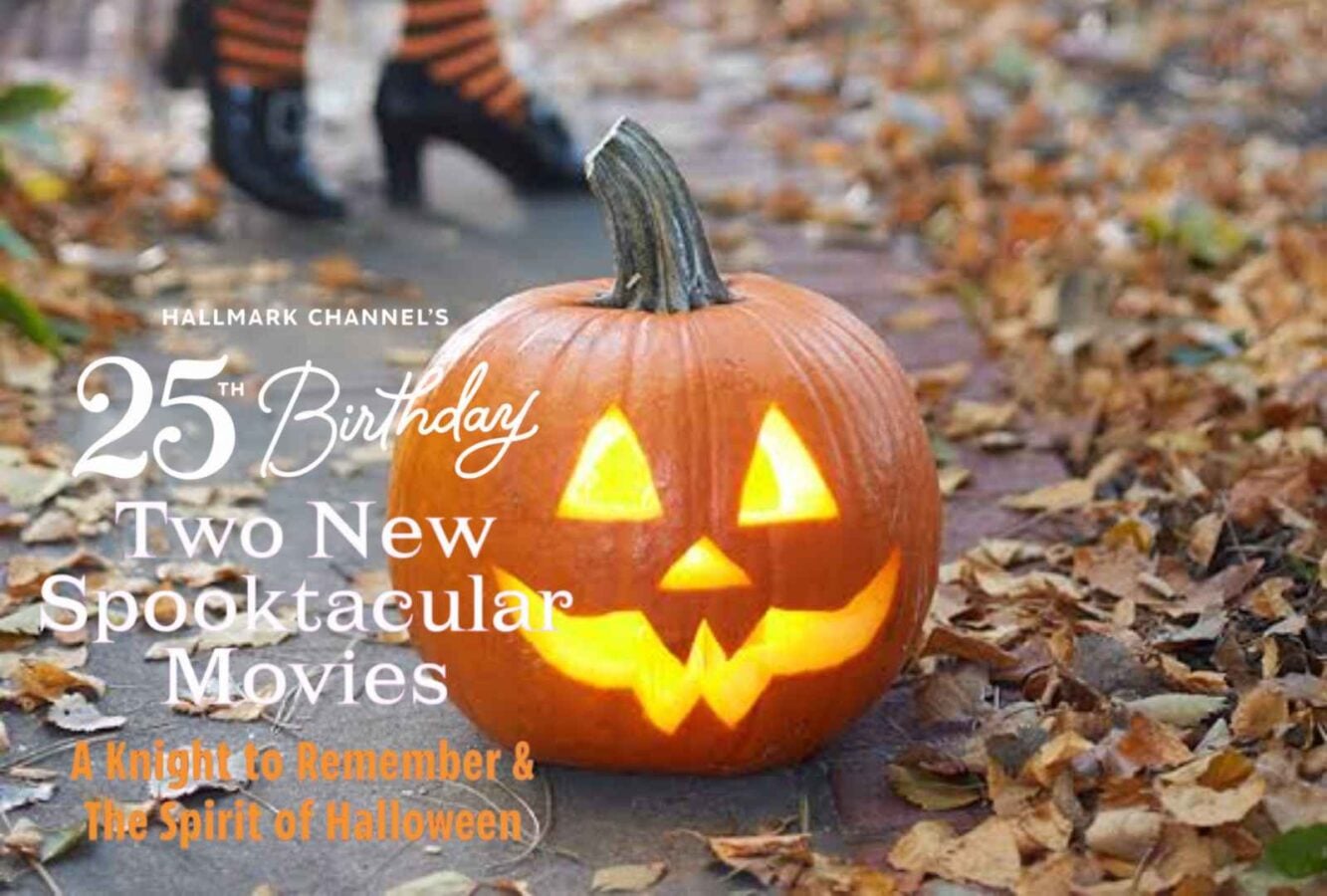 Pumpkin carved into a glowing jack o'-lantern on a leaf-strewn path with text promoting Hallmark Channel's 25th Birthday and two new Halloween movies.