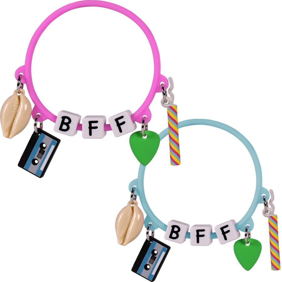 Colorful toy bracelet with a pink band white letter beads forming a word and various charms like a shell and striped elements