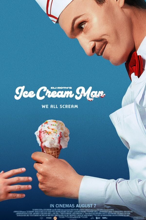 Movie poster for Ice Cream Man a person in a white uniform with a red bow tie holds an ice cream cone against a blue background partial profile shown