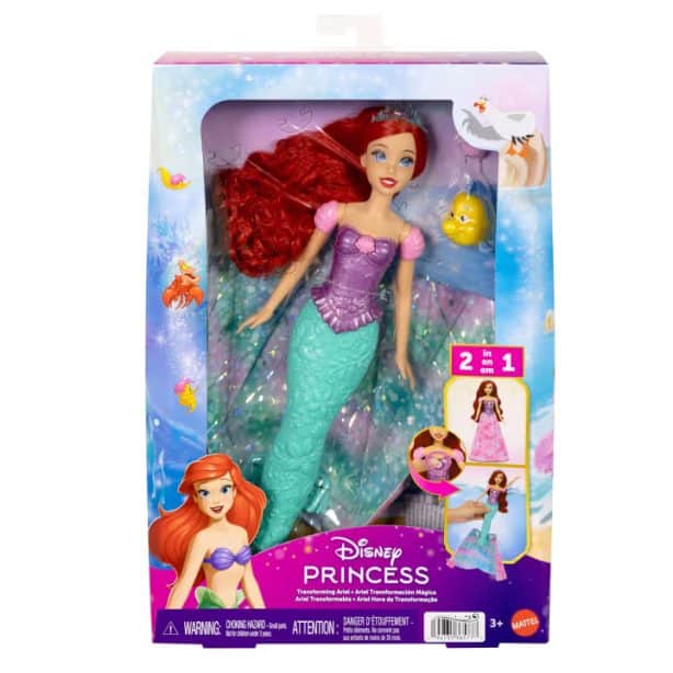 Disney Princess mermaid doll in colorful packaging red haired Ariel with purple top and turquoise tail inside a bright box