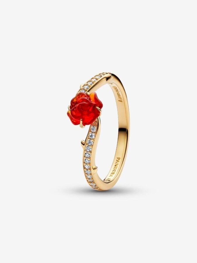 Gold ring with a red rose centerpiece and pavé diamonds along the band elegant jewelry accessory for women