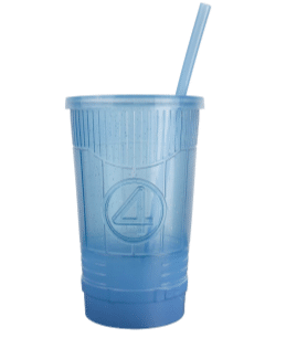 Blue plastic tumbler with a straw and matching lid on a white background