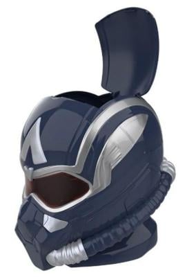 Dark blue scuba diving helmet with silver trim and coiled breathing hose visor opening at the front