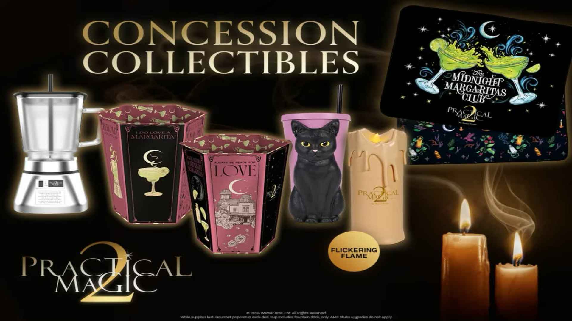 Promotional collage of Practical Magic 2 items including a metal coffee maker, decorative boxes, a black cat figurine, candles, and a colorful Margaritas Club card.