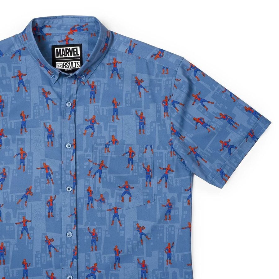 Blue short sleeve button up shirt with a repeating Spider Man print in red and blue hues under a cityscape pattern labeled Marvel at the collar