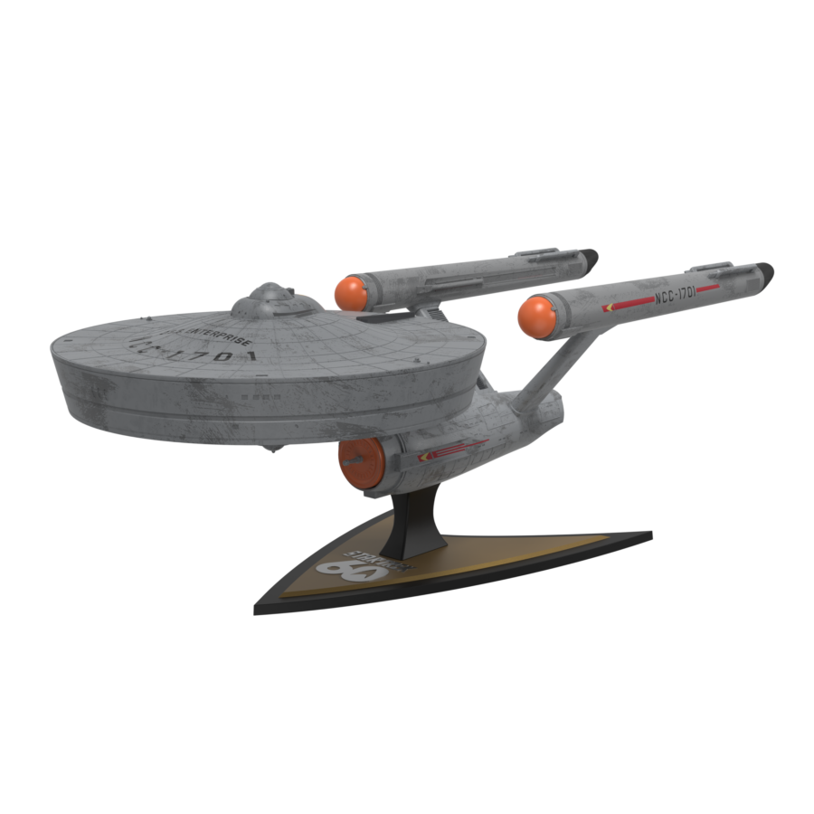 Model of the Starship USS Enterprise NCC 1701 on a display stand side view showing the saucer and warp nacelles