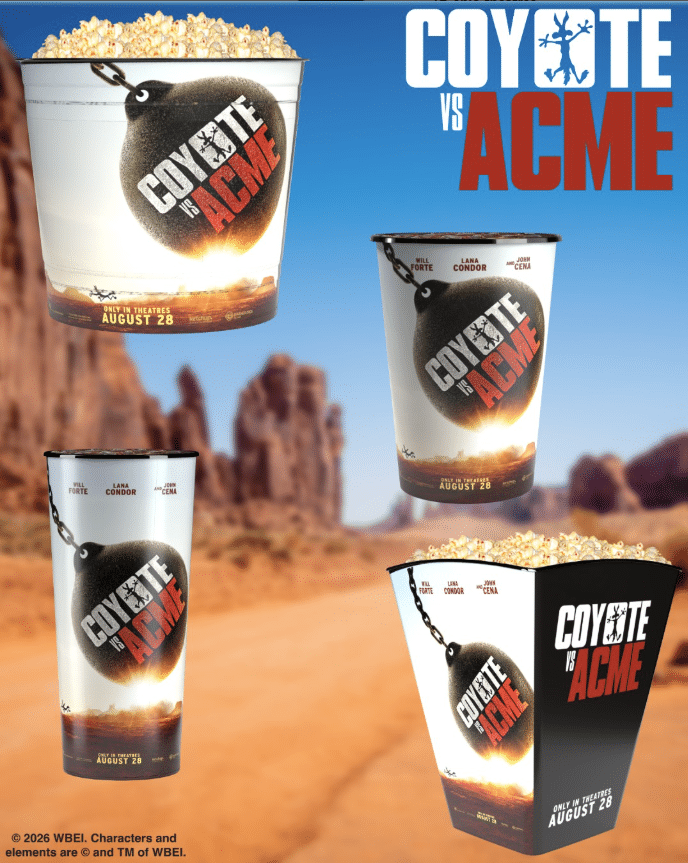 Poster for the movie Coyote vs ACME showing popcorn buckets with a desert canyon background and bold title text Coyote vs ACME at top