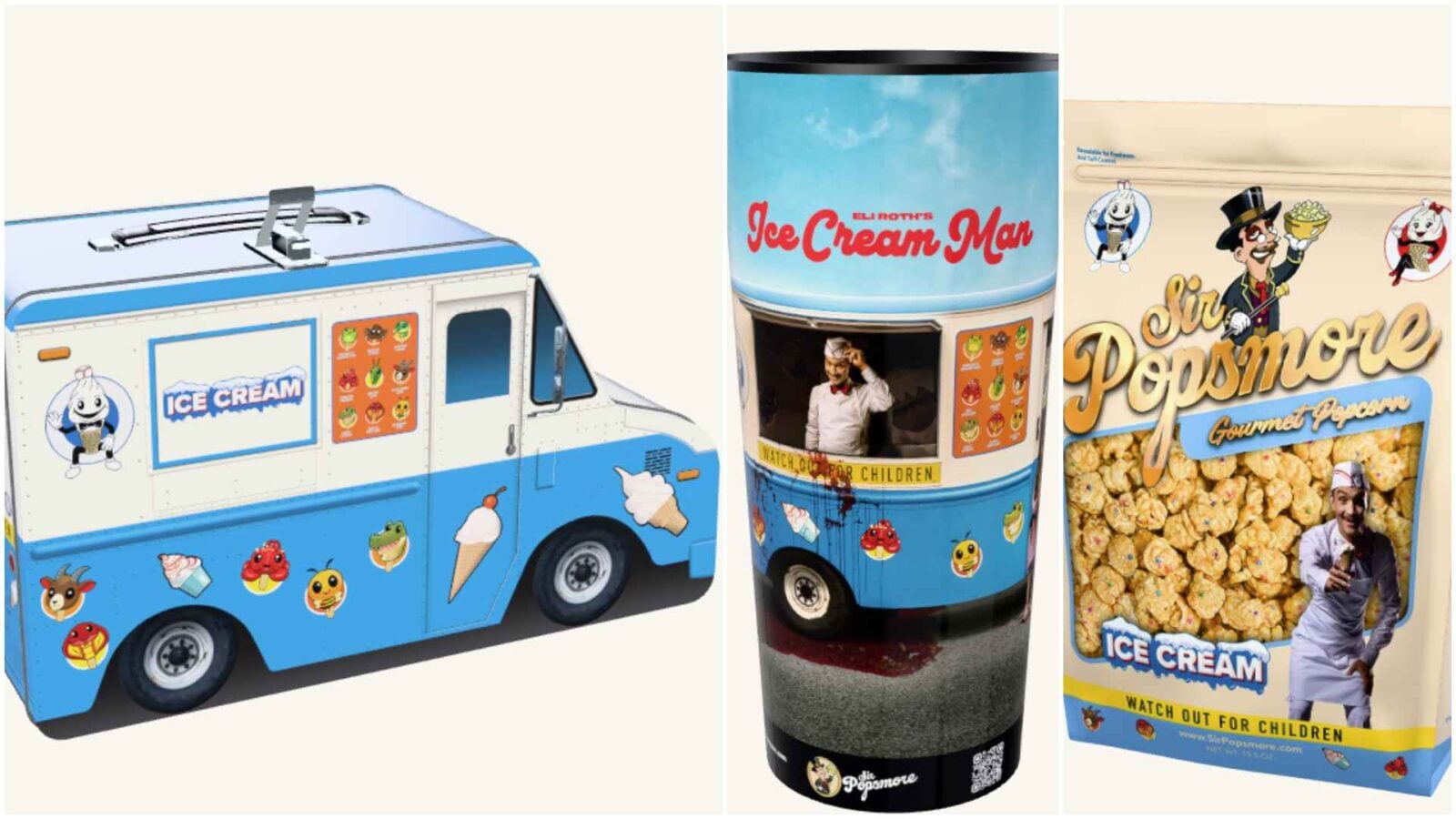 Collage showing a blue ice cream truck an Ice Cream Man can and a popcorn box with cartoon branding