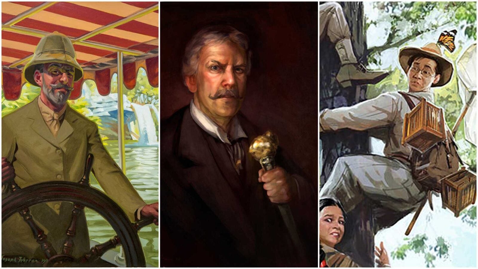 Three panel painting collage left man in beige suit on a carriage center stern man with mustache holding a scepter right explorer with crates in a jungle scene