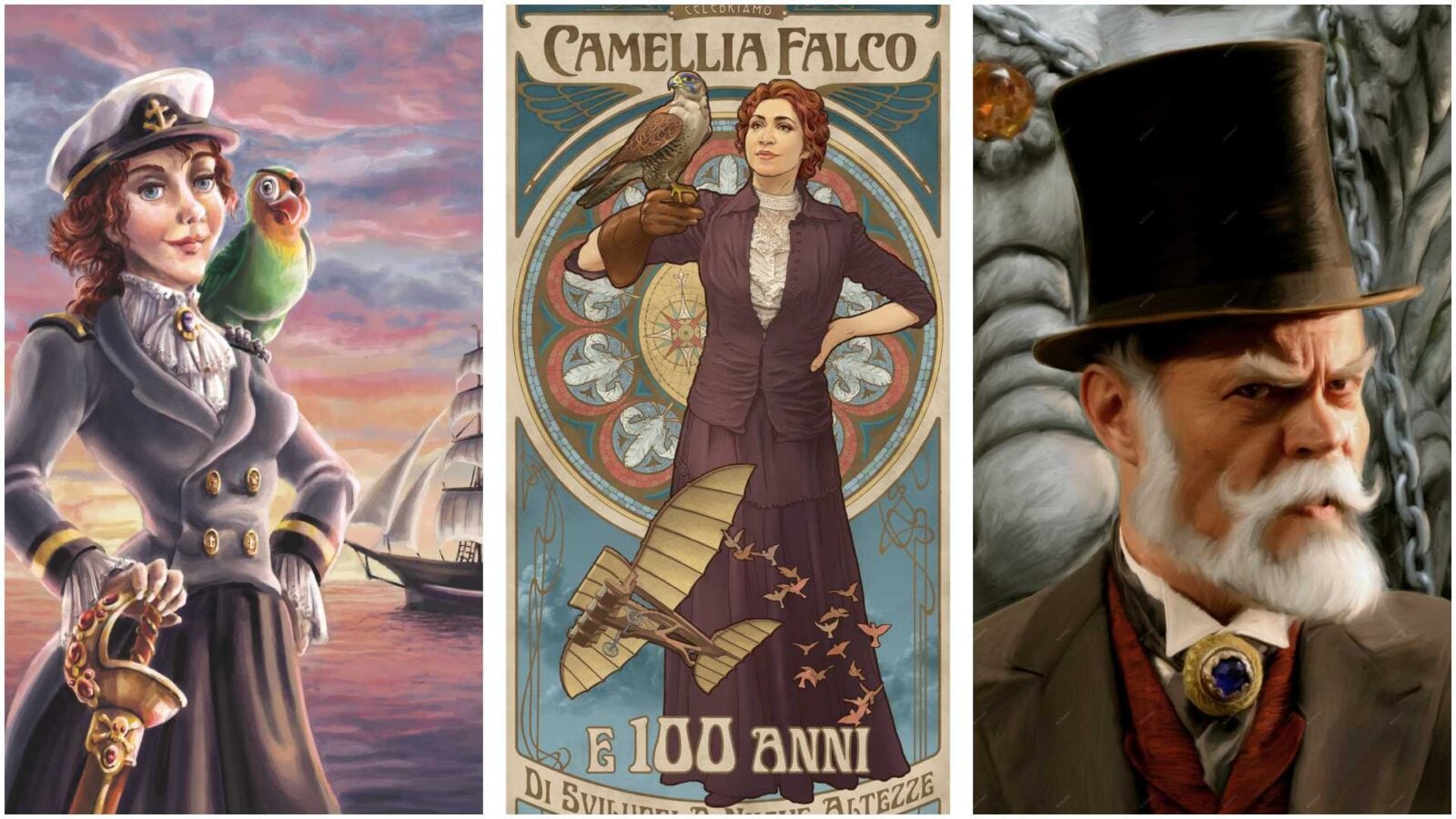 Portrait of a sea captain woman with a colorful parrot on her shoulder against a pink sunset harbor scene