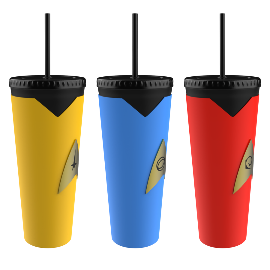 Three take away cups with black lids and tall straws in yellow blue and red colors