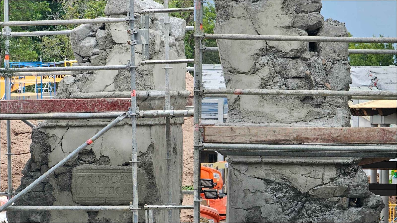 Rough stone column wrapped in metal scaffolding at a construction site