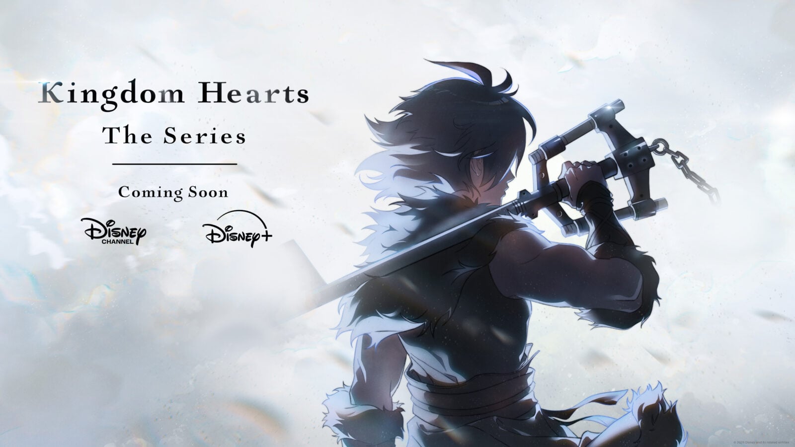 Promotional banner for Kingdom Hearts The Series featuring a warrior with a large keyblade and Coming Soon text plus Disney logos