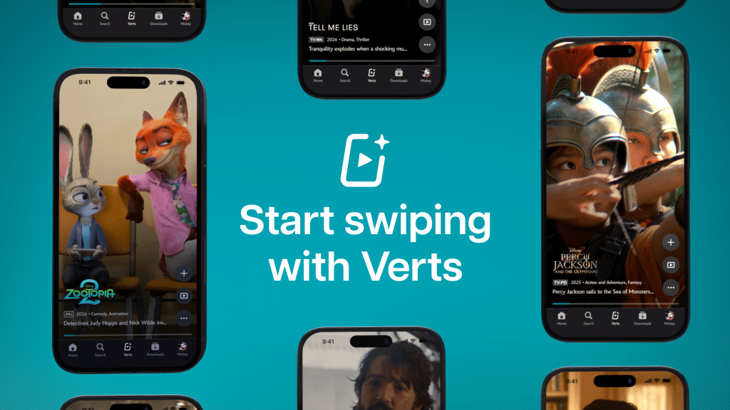 Teal gradient background with several iPhone mockups around the edges and the Verts logo center text reads Start swiping with Verts