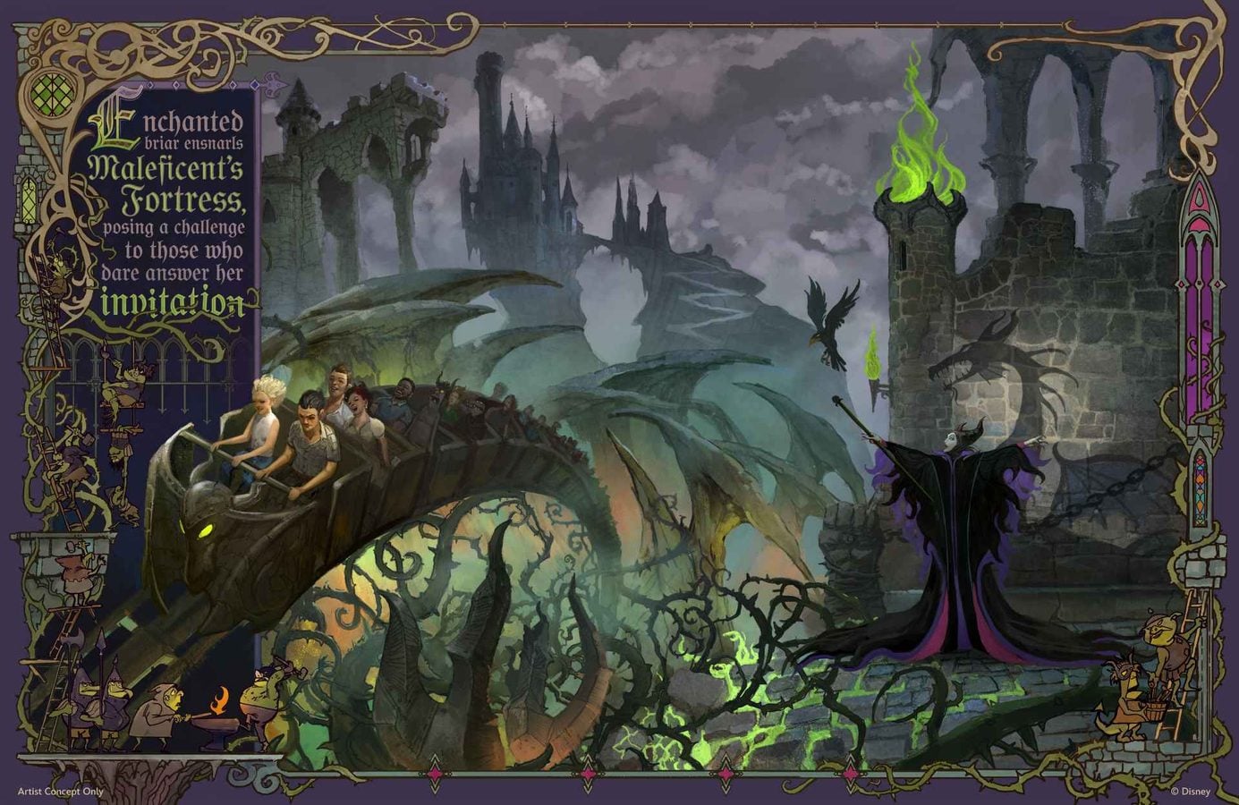 Dark fantasy illustration of a dragon drawn vehicle bursting through a ruined fortress as green flames rise from towers with ornate borders framing the scene