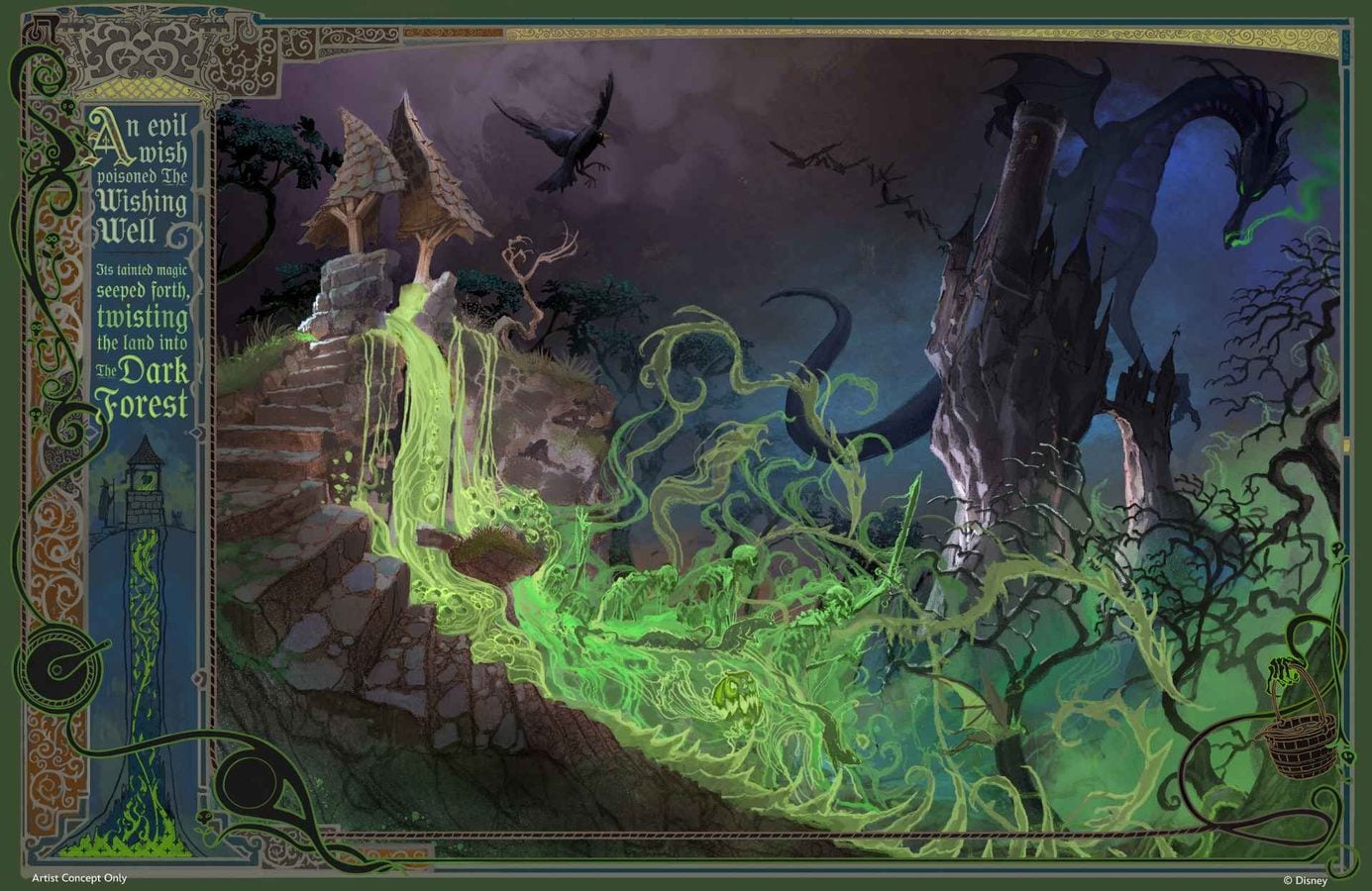 Fantasy illustration of a dark forest with glowing green slime ruined towers and a menacing dragon amid mist framed by ornate borders and a left side title panel reading'An evil wish poisoned the wishing well'.