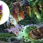 Circular purple masquerade mask floating over a dark fantasy collage of deceitful villains and swirling green magic