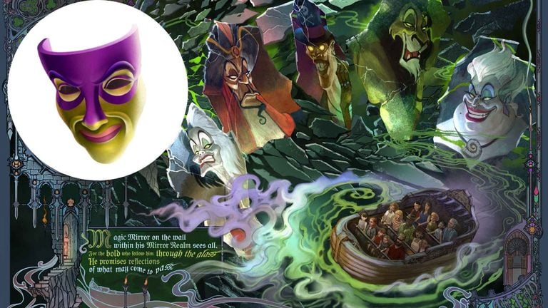 Circular purple masquerade mask floating over a dark fantasy collage of deceitful villains and swirling green magic.