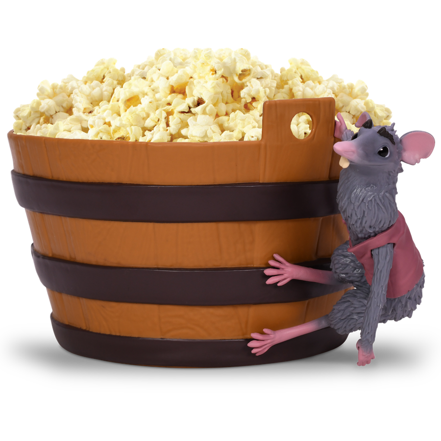 Large tub of popcorn with a playful gray cartoon mouse peeking from the side