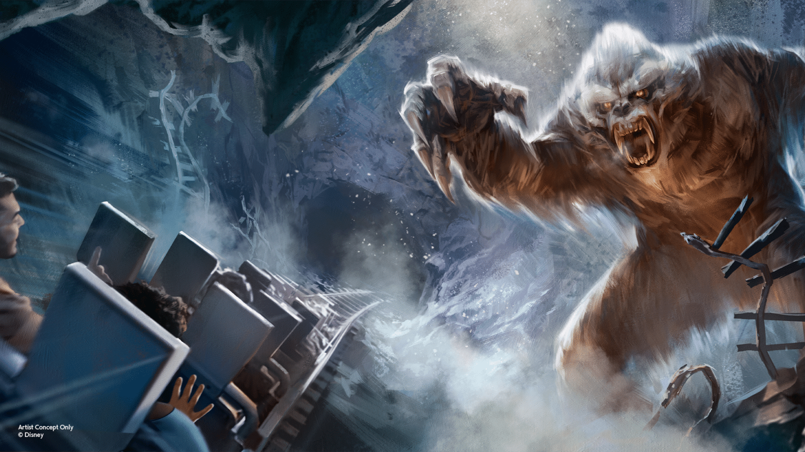 A huge snarling white furred monster charges toward a row of frightened riders on a dark icy coaster