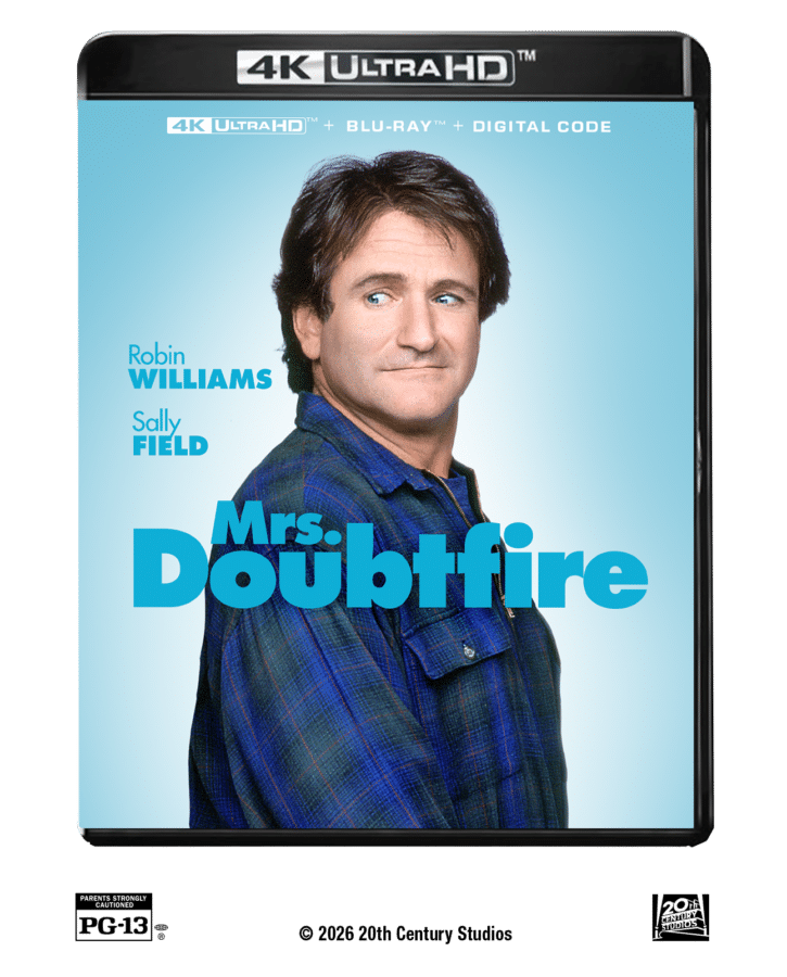 Movie poster for Mrs Doubtfire showing a man in a blue plaid shirt against a light blue background with large bold blue title text