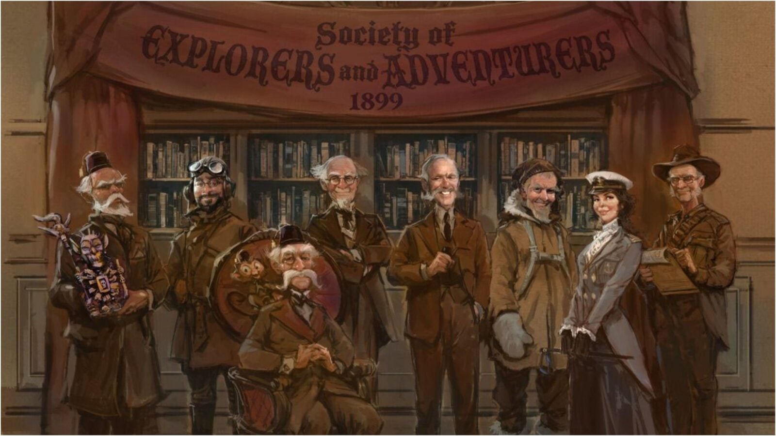 Group portrait of diverse explorers in brown outfits standing under a banner that reads Society of Explorers and Adventurers 1899 over a library backdrop
