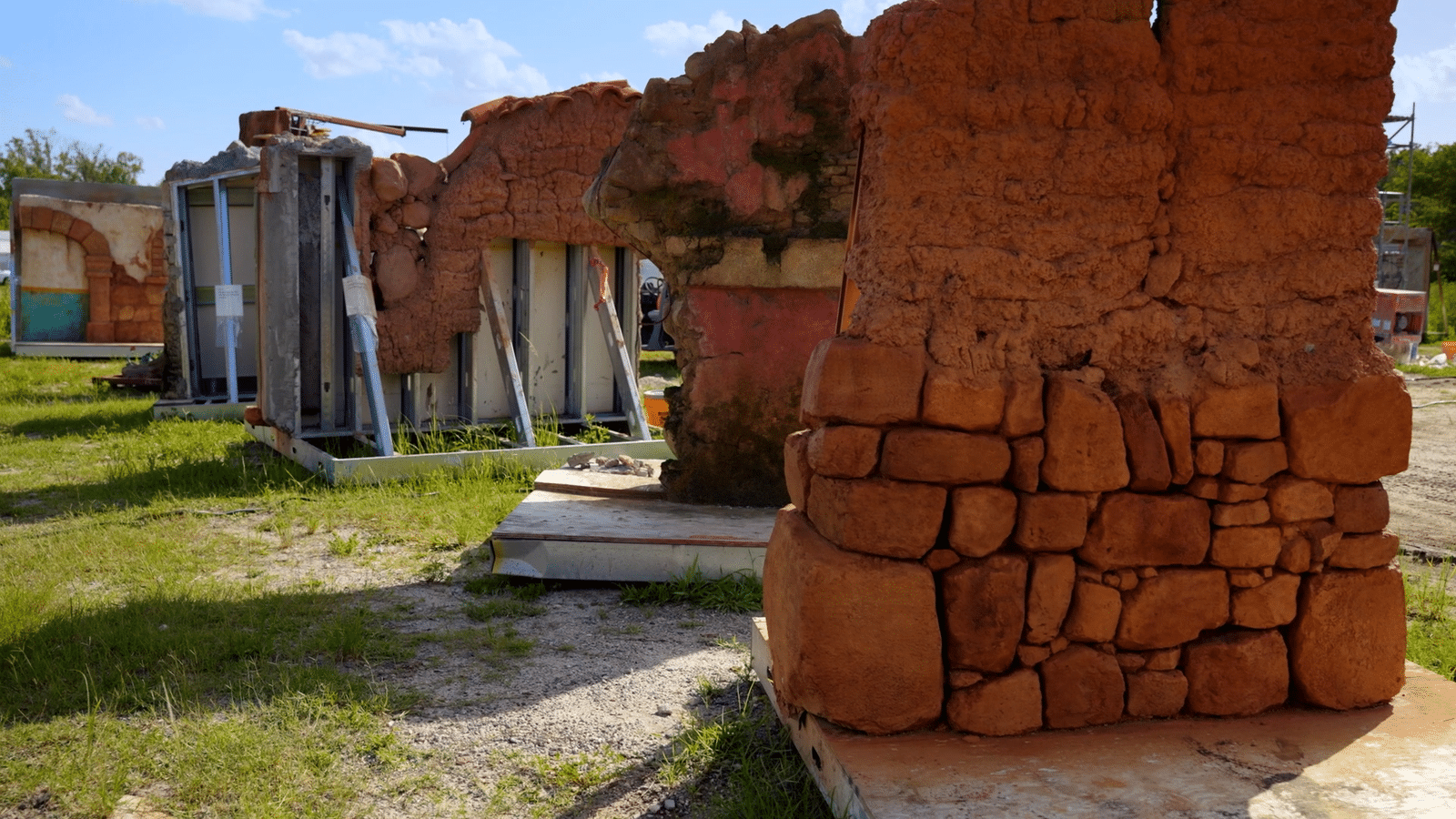 Ruinous adobe walls and a stone brick column at an outdoor constructionrestoration site with grass in the foreground and a clear blue sky behind