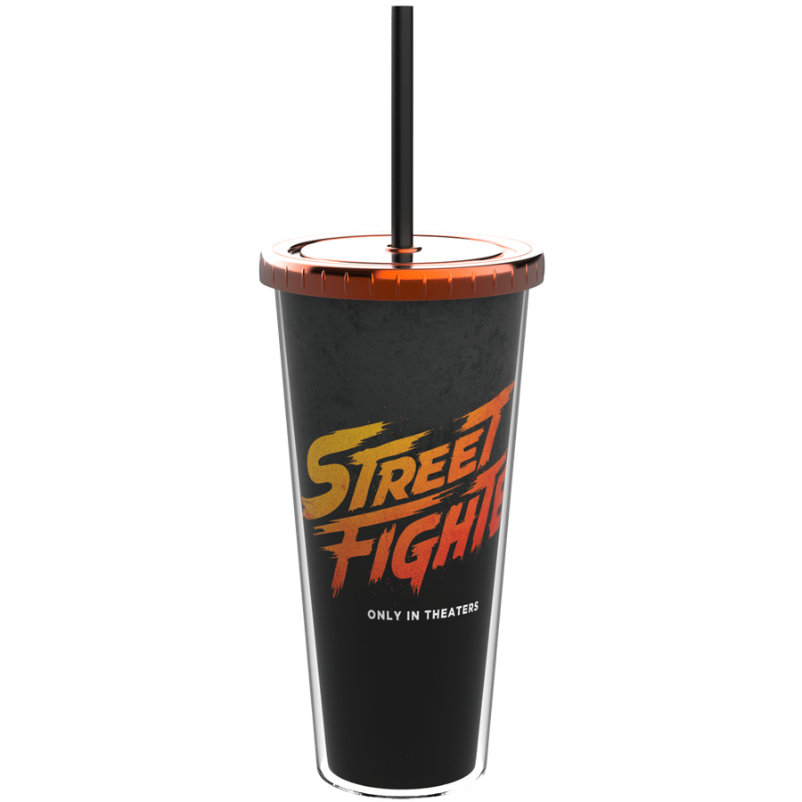 Tall black takeout cup with an orange Street Fighter logo and a black straw