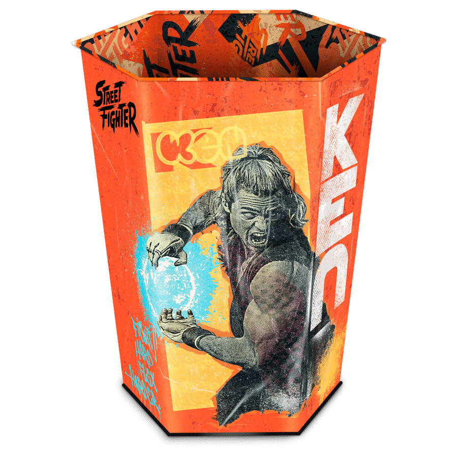 Orange graffiti style utility bin with bold comic book graphics and Street Fighter text on the side featuring a vintage illustration on the front